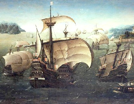 Portuguese Carracks off a Rocky Coast