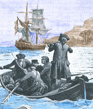 Men in Boat Shooting at a Ship