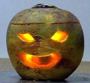 A carved turnip-o-lantern